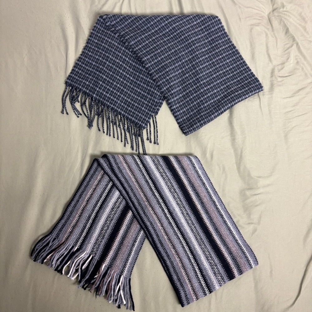 Lot of 2 Knit Winter Scarves Grey Houndstooth Striped Fringe Accents Academia